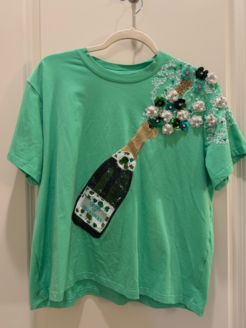 QUEEN OF SPARKLES Mint Green Embellished Sequin Champagne Tee